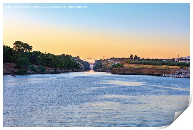 The Corinth Canal in the morning summer day illuminates the bright rising sun of Greece. Print by Sergii Petruk