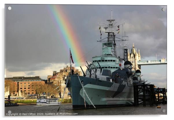 HMS Belfast fires a rainbow. Acrylic by Paul Clifton