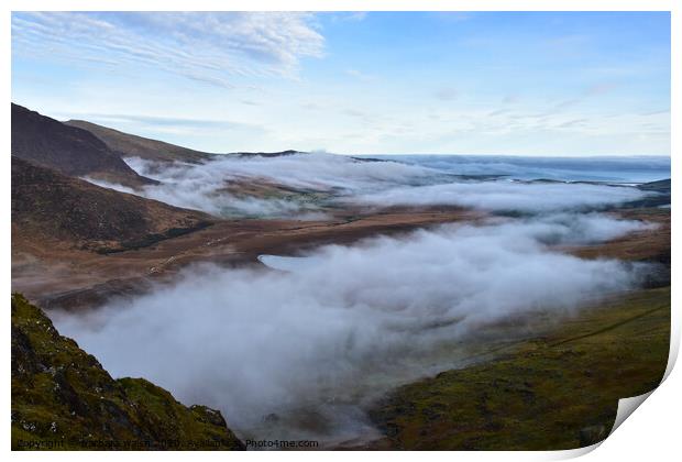 Foggy morning at the Conor Pass, Dingle Peninsula Print by barbara walsh