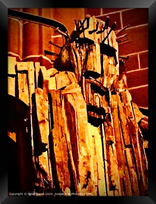 Abstract of wooden statue of Jesus Christ in Liver Framed Print by Helen Jones
