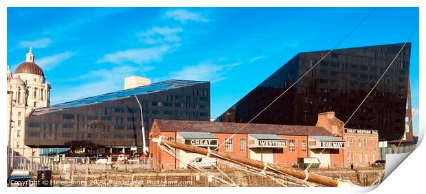Juxtaposed architectural eras in Liverpool maritim Print by Helen Jones