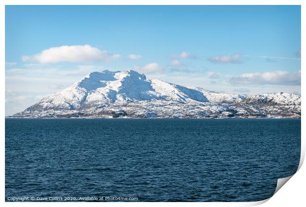 Snow covered hills on the Norwegian Coast in winter Print by Dave Collins