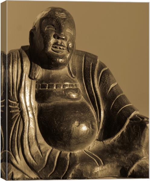  Carved wooden buddha figure in sepia tones. Canvas Print by Peter Bolton