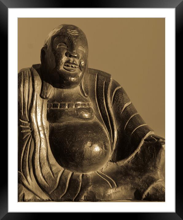  Carved wooden buddha figure in sepia tones. Framed Mounted Print by Peter Bolton