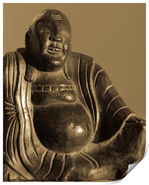  Carved wooden buddha figure in sepia tones. Print by Peter Bolton