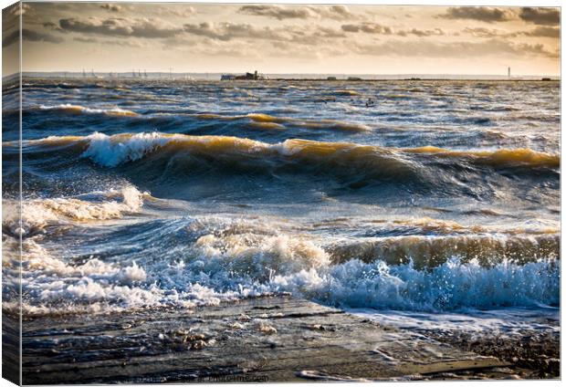  Evening Waves at Southend Pier, Essex, UK Canvas Print by Peter Bolton