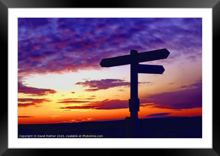 Sunset behind North Yorkshire Moors way-sign Framed Mounted Print by David Mather