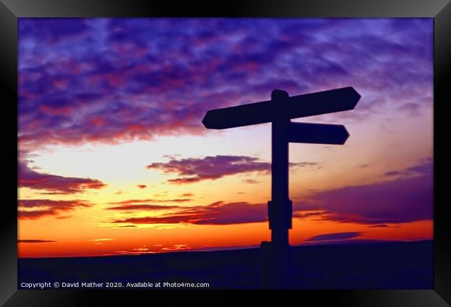 Sunset behind North Yorkshire Moors way-sign Framed Print by David Mather