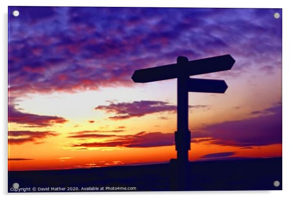 Sunset behind North Yorkshire Moors way-sign Acrylic by David Mather
