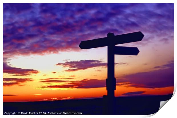 Sunset behind North Yorkshire Moors way-sign Print by David Mather