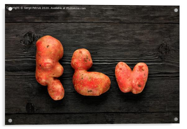 Ugly vegetables on a black wooden background. Vegetables or food waste concept. Top view, close-up. Acrylic by Sergii Petruk