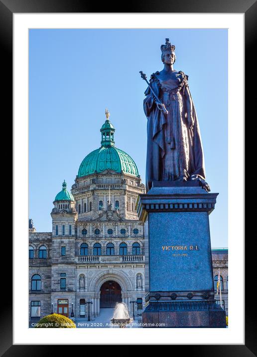 Provincial Capital Legislative Buildiing Queen Statue Victoria British Columbia Canada Framed Mounted Print by William Perry