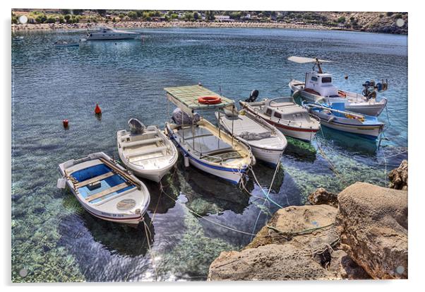Lindos Boats Acrylic by Mike Gorton