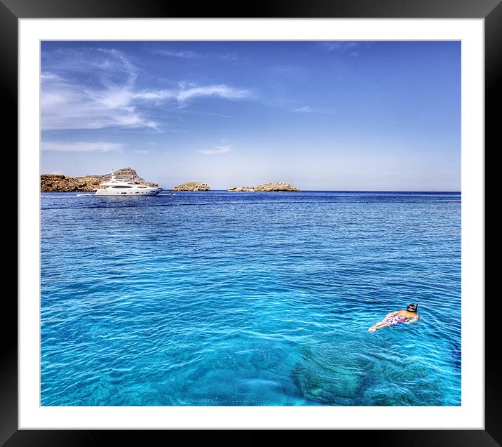 Snorkelling at Lindos Rhodes Framed Mounted Print by Mike Gorton