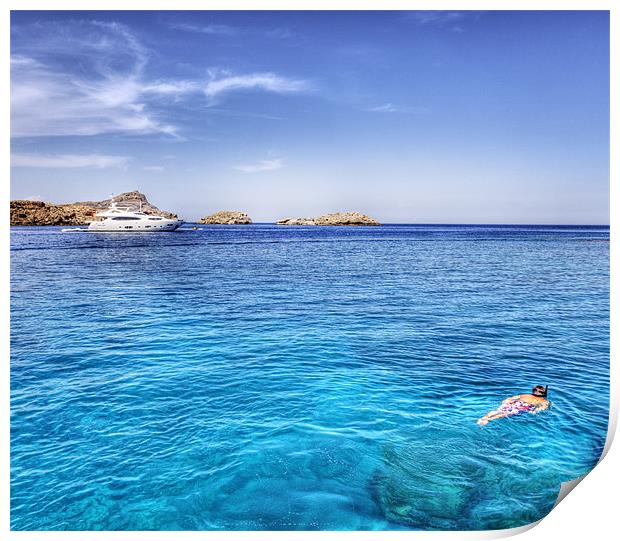 Snorkelling at Lindos Rhodes Print by Mike Gorton
