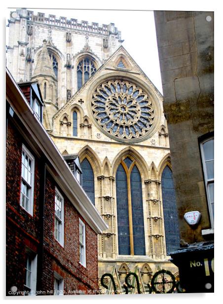 York Minster rose window and tower at York in Yorkshire. Acrylic by john hill