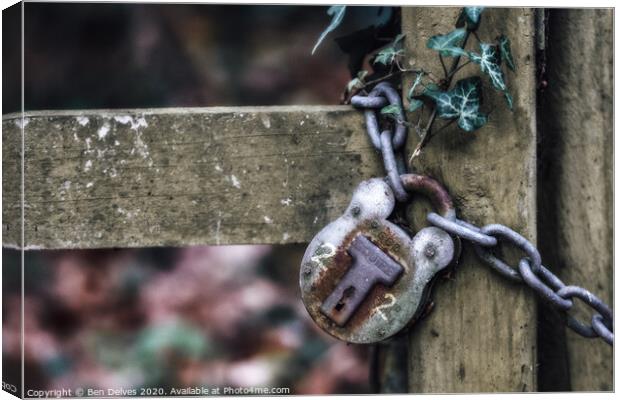 Rusty Padlock in the Woods Canvas Print by Ben Delves