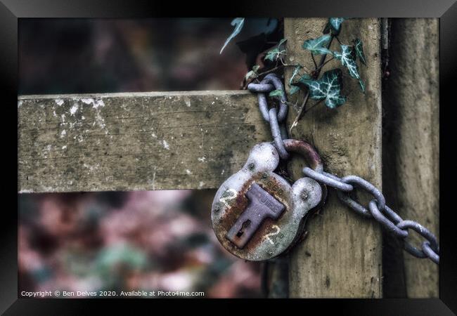 Rusty Padlock in the Woods Framed Print by Ben Delves