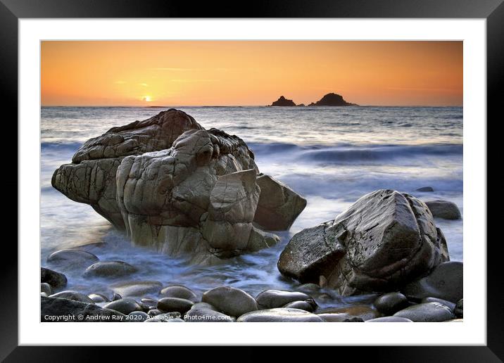 Setting sun (Porth Nanven) Framed Mounted Print by Andrew Ray
