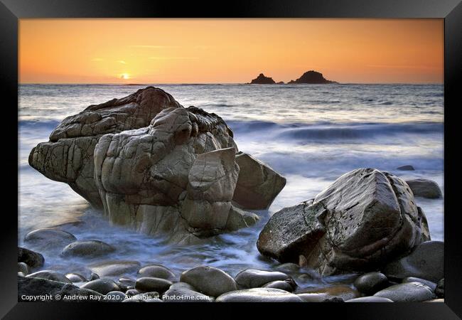Setting sun (Porth Nanven) Framed Print by Andrew Ray