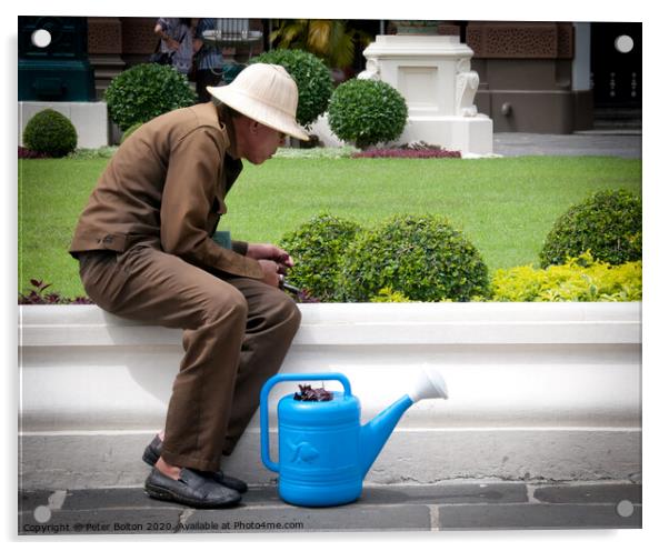 A gardener at the Grand Palace, Bangkok, Thailand. Acrylic by Peter Bolton