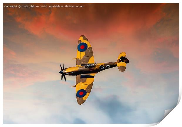 Sunset for Battle of Britain Spitfire Print by mick gibbons
