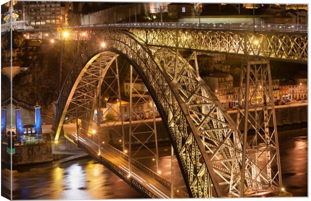 Dom Luis I Bridge In Porto By Night Canvas Print by Artur Bogacki