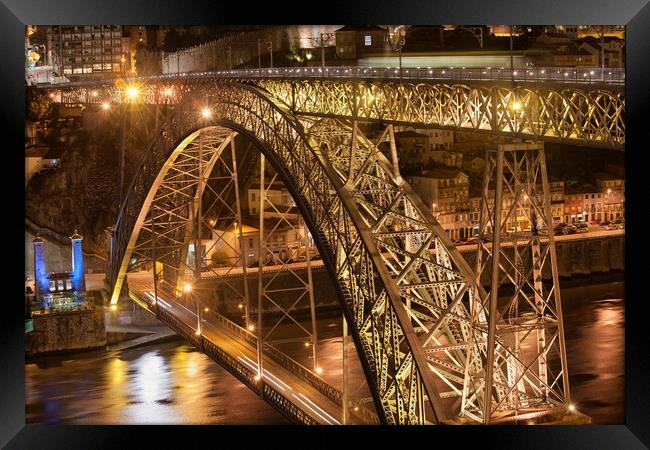 Dom Luis I Bridge In Porto By Night Framed Print by Artur Bogacki