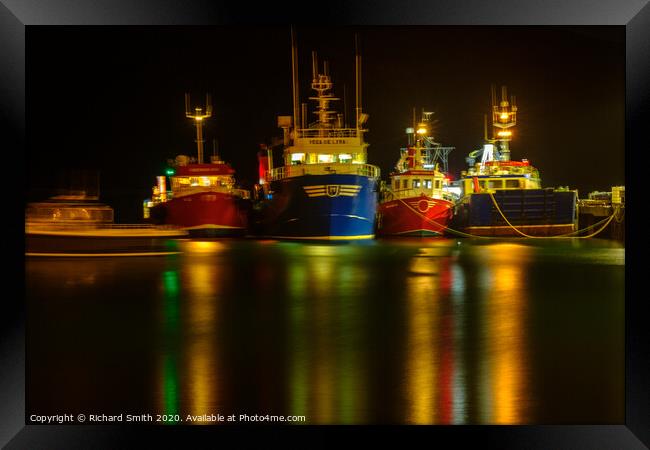 Trawlers with a long exposure, lots of reflections Framed Print by Richard Smith