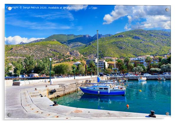 Scenic view of the bay and pier Loutraki, Greece, where small fishing schooners, yachts, boats and boats moored in the clear waters of the Ionian Sea. Acrylic by Sergii Petruk