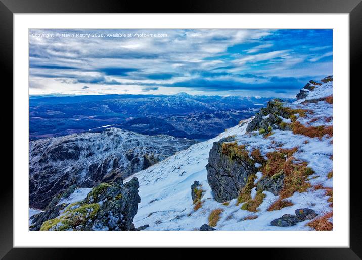 A view from the summit of Ben Ledi, near Callander, Stirlingshire in Winter. Framed Mounted Print by Navin Mistry
