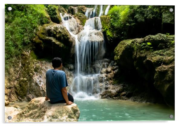 Young man enjoys the waterfall Mudal 3 Acrylic by Hanif Setiawan
