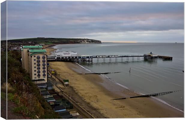 Cloudy Sunrise over Sandown Pier - Isle of Wight Canvas Print by Jeremy Hayden