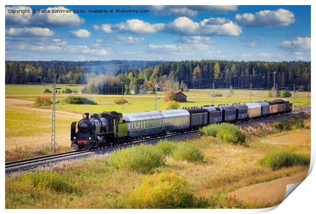 Steam Train Ukko-Pekka Traveling Through Countryside Print by Taina Sohlman