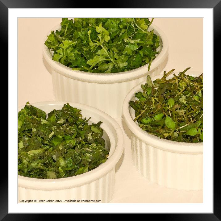 Abstract image of herbs in small pots. Square format. #2 Part of a set Framed Mounted Print by Peter Bolton