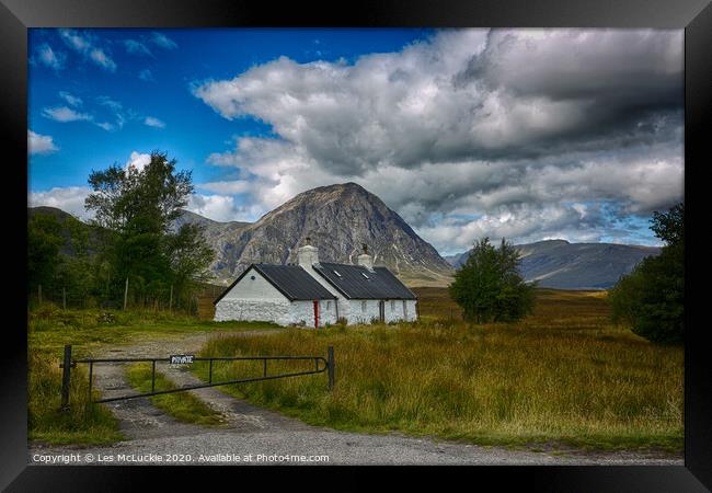 Majestic Scottish Cottage in Glen Coe Framed Print by Les McLuckie
