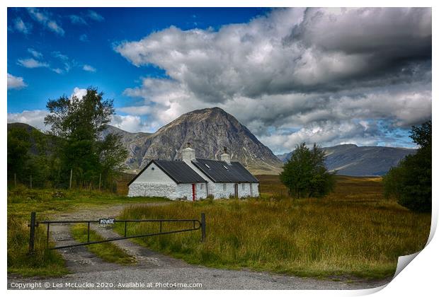 Majestic Scottish Cottage in Glen Coe Print by Les McLuckie