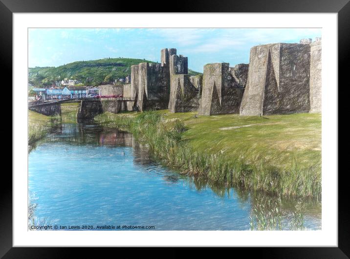 The Ramparts of Caerphilly Castle Digital Sketch Framed Mounted Print by Ian Lewis