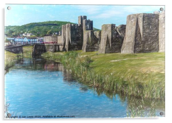 The Ramparts of Caerphilly Castle Digital Sketch Acrylic by Ian Lewis