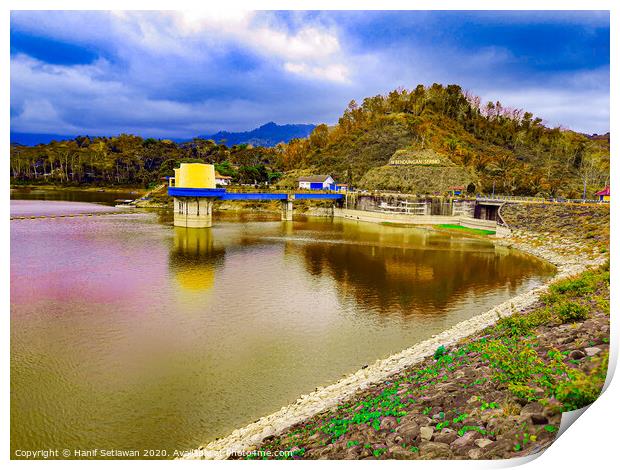 Water reservoir lake with hill, house and blue sky Print by Hanif Setiawan