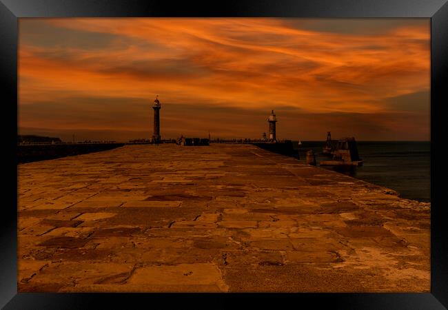 Whitby Harbour Glow Framed Print by Oxon Images