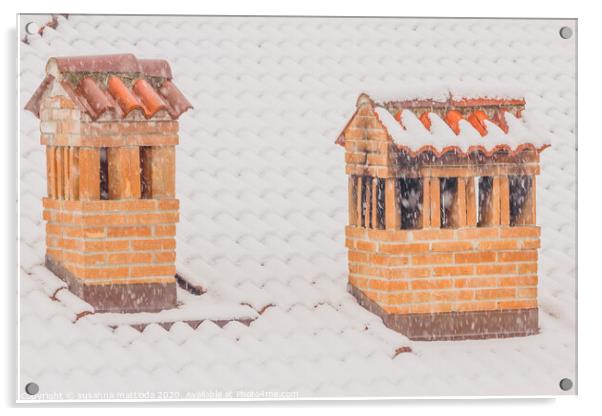 the chimneys of a house during a heavy snowfall Acrylic by susanna mattioda