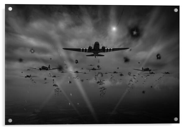 D Day RAF paratroop Dakotas Normandy invasion B&W  Acrylic by Gary Eason