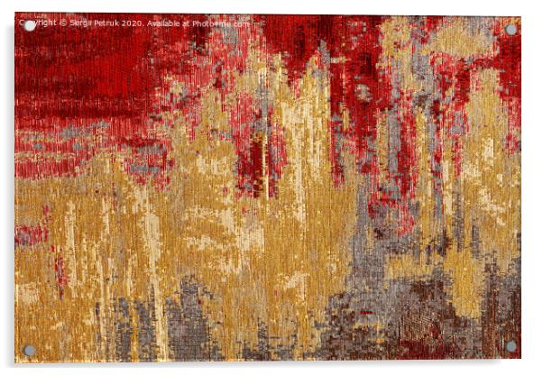 Abstract red and gold textile carpet pattern of oriental style. Acrylic by Sergii Petruk