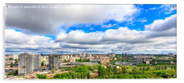 Panorama of cityscape with big low clouds and bright sunlight. Acrylic by Sergii Petruk
