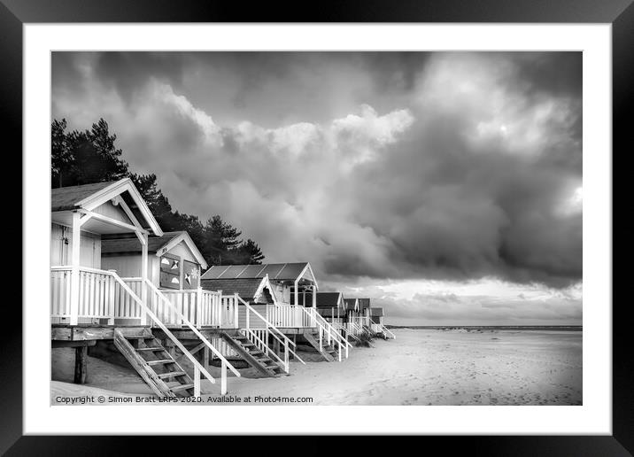 Wells next The Sea Beach huts in black and white on sandy coast Framed Mounted Print by Simon Bratt LRPS