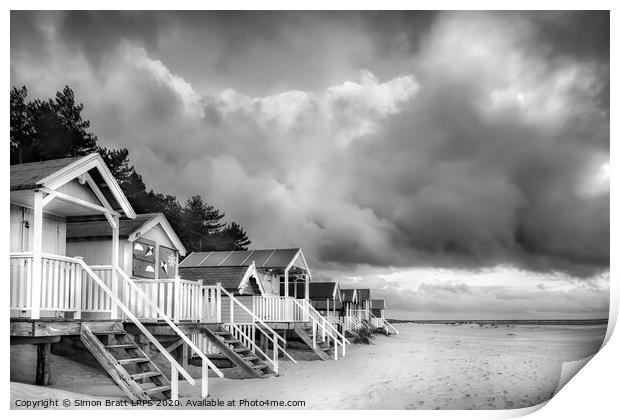 Wells next The Sea Beach huts in black and white on sandy coast Print by Simon Bratt LRPS