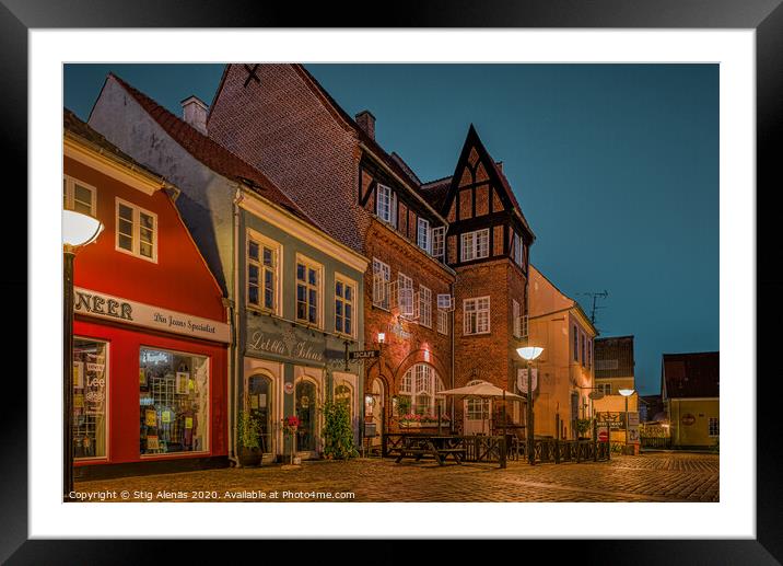 Ancient houses at night in a small danish town Framed Mounted Print by Stig Alenäs
