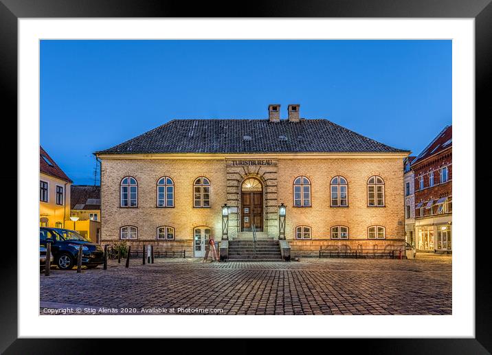 square and tourist office at night in Faaborg Denmark Framed Mounted Print by Stig Alenäs
