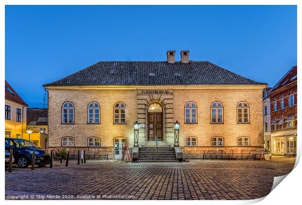 square and tourist office at night in Faaborg Denmark Print by Stig Alenäs